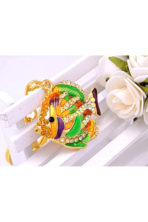 Golden Tone Multi Colored Rhinestones Tropical Colorful Angel Fish Key Chain