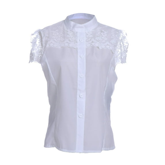 Feinuhan S/M Fit White Floral Lace Scallop Edge Yoke Mandarin Collar Detail Top
