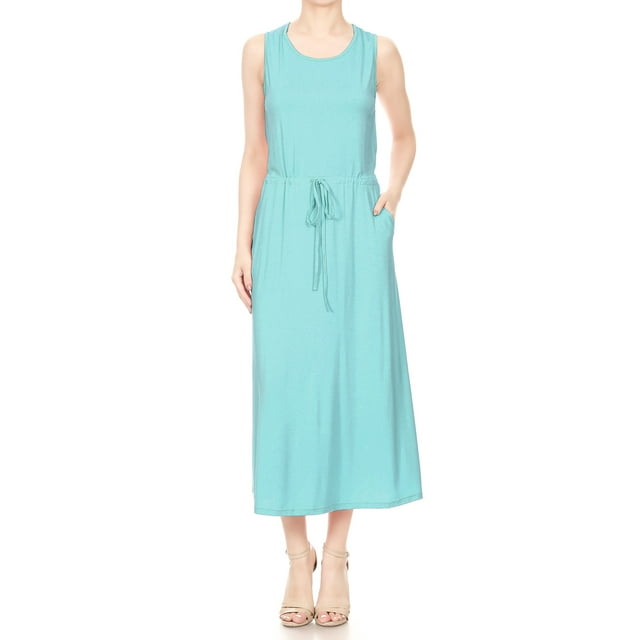 Feinuhan Summer Womens Casual Sleeveless Knit Maxi Tank Top With Side Pockets Long Dress