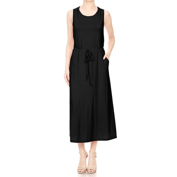 Feinuhan Summer Womens Casual Sleeveless Knit Maxi Tank Top With Side Pockets Long Dress