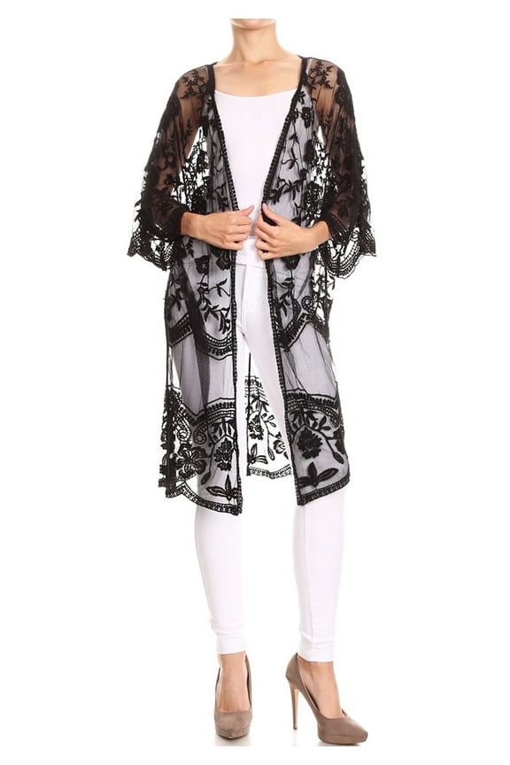 Summer Womens Long Embroidered Lace Kimono Cardigan With Half Sleeves Outerwear Tops