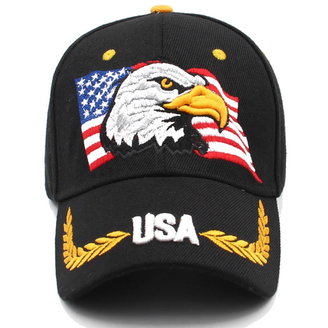 Feinuhan USA American Flag Patriotic Eagle Hawk Embossed 3D Adjustable  Velcro Baseball Caps Hats, Black 