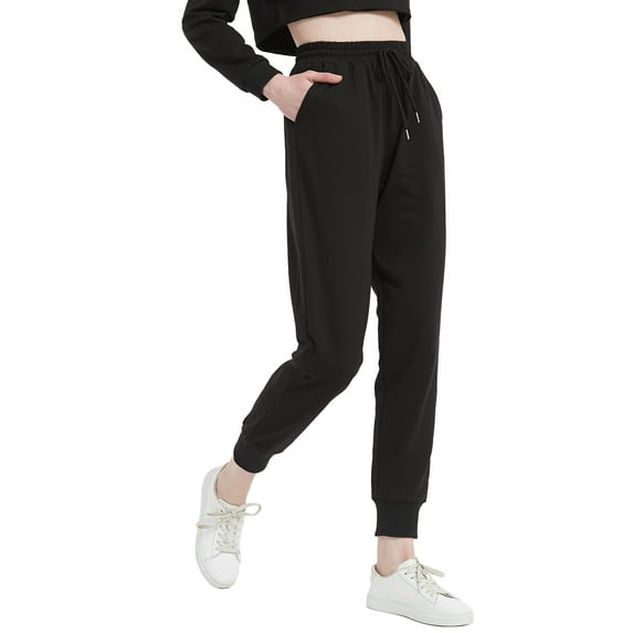 Feinuhan Woman Comfy Lounge Pockets Causal Drawstring Elastic High Waist Pants, Black, Large