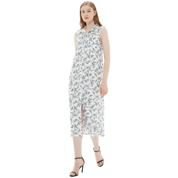 Feinuhan Women's Casual A-Line Sleeveless Vintage Shirt Dress with Pocket, White Floral, Medium