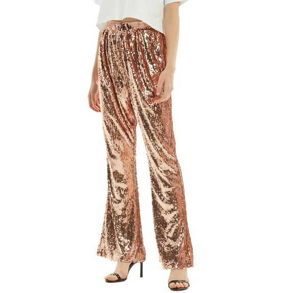Feinuhan Women's Elastic Waist Sparkly Sequin 70's Disco Flare Wide Leg Pants (X-Large, Rose)
