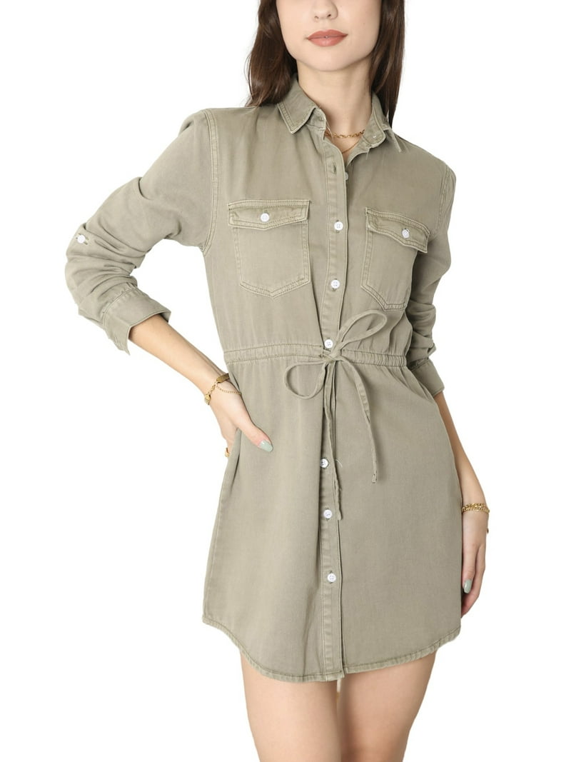 Feinuhan Women's Jean Shirt Dress Long Sleeves Waist Ties Casual Short  Chambray Denim, Olive green, X-Large - Walmart.com
