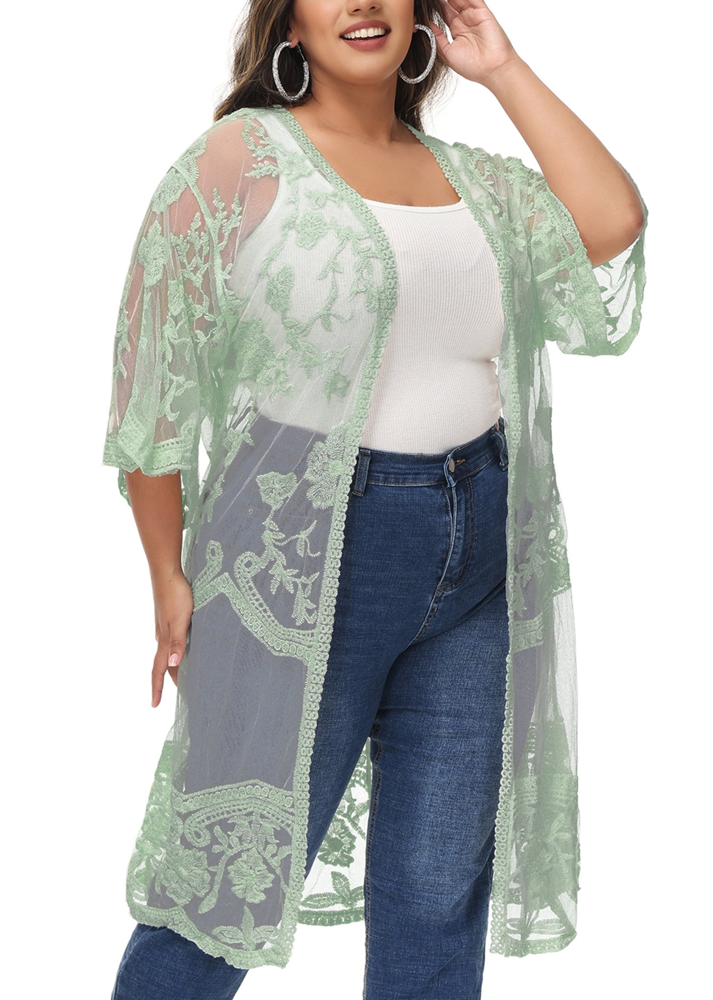 Women's Plus Size Lace Cardigan Open Front Floral Crochet