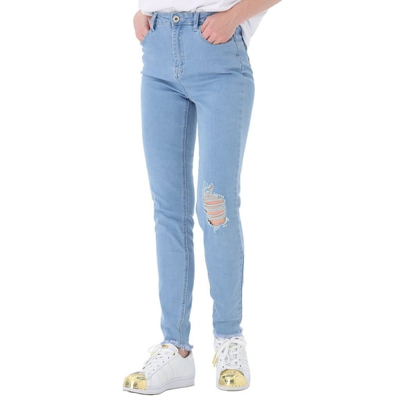 Feinuhan Women's Ripped Jean High Waisted Stretch Frayed Skinny Ankle Jeans, Blue, Small