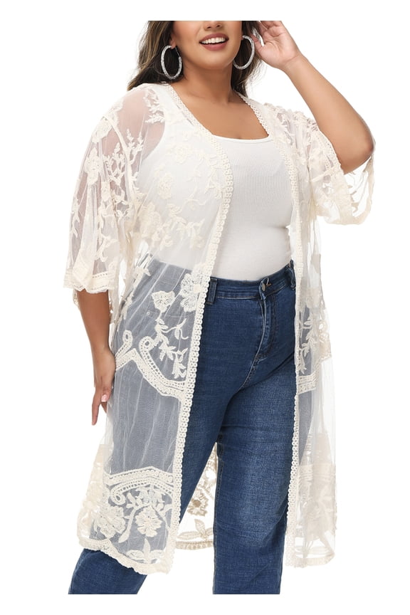 Women's and Women's Plus Beige Embroidery Mesh Lace Swimsuit Coverup, Size XL or XXL