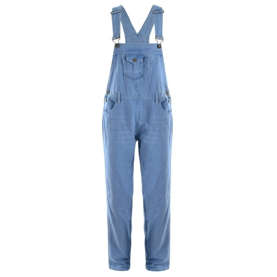 Feinuhan Womens Blue Denim Jean Straight Leg Distressed Pocket Bib Overalls