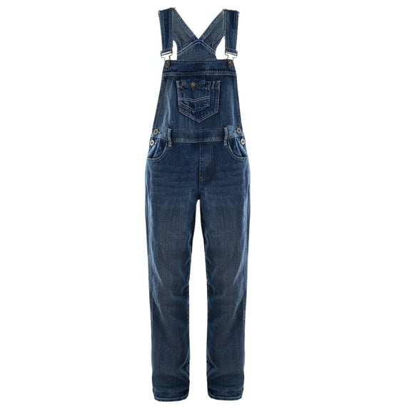 Feinuhan Womens Blue Denim Jean Straight Leg Distressed Pocket Bib Overalls