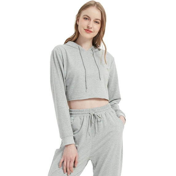 Feinuhan Womens Crop Top Sweatshirt Long Sleeve Hoodie Pullover, Grey, Large