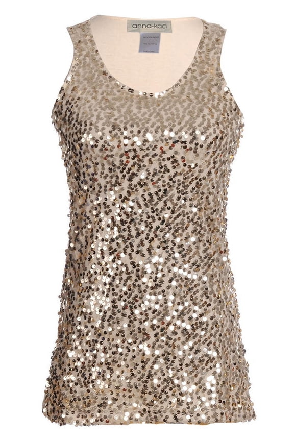 Womens Gold Beaded Sequins Slim Fit Sparkly Embellished Vest Tank Top, Small