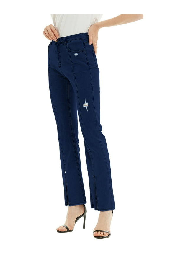 Womens High Waist Distressed Slit Denim Jeans Long Pants with Pockets, Dark Denim, Medium