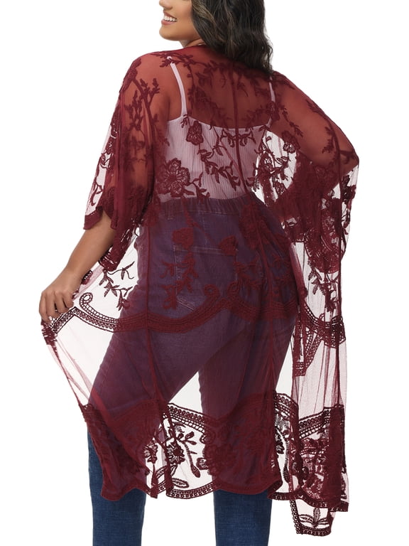 Womens Plus Size Lace Kimono Cardigan Beach Cover Up Floral Crochet 3X-Large 4X-Large, Red