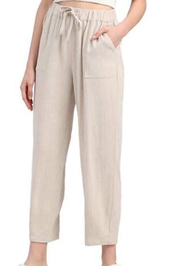 Womens Solid Linen Cropped Pants Loose Drawstring Trousers with 4 Pockets Elastic Waist Beige L