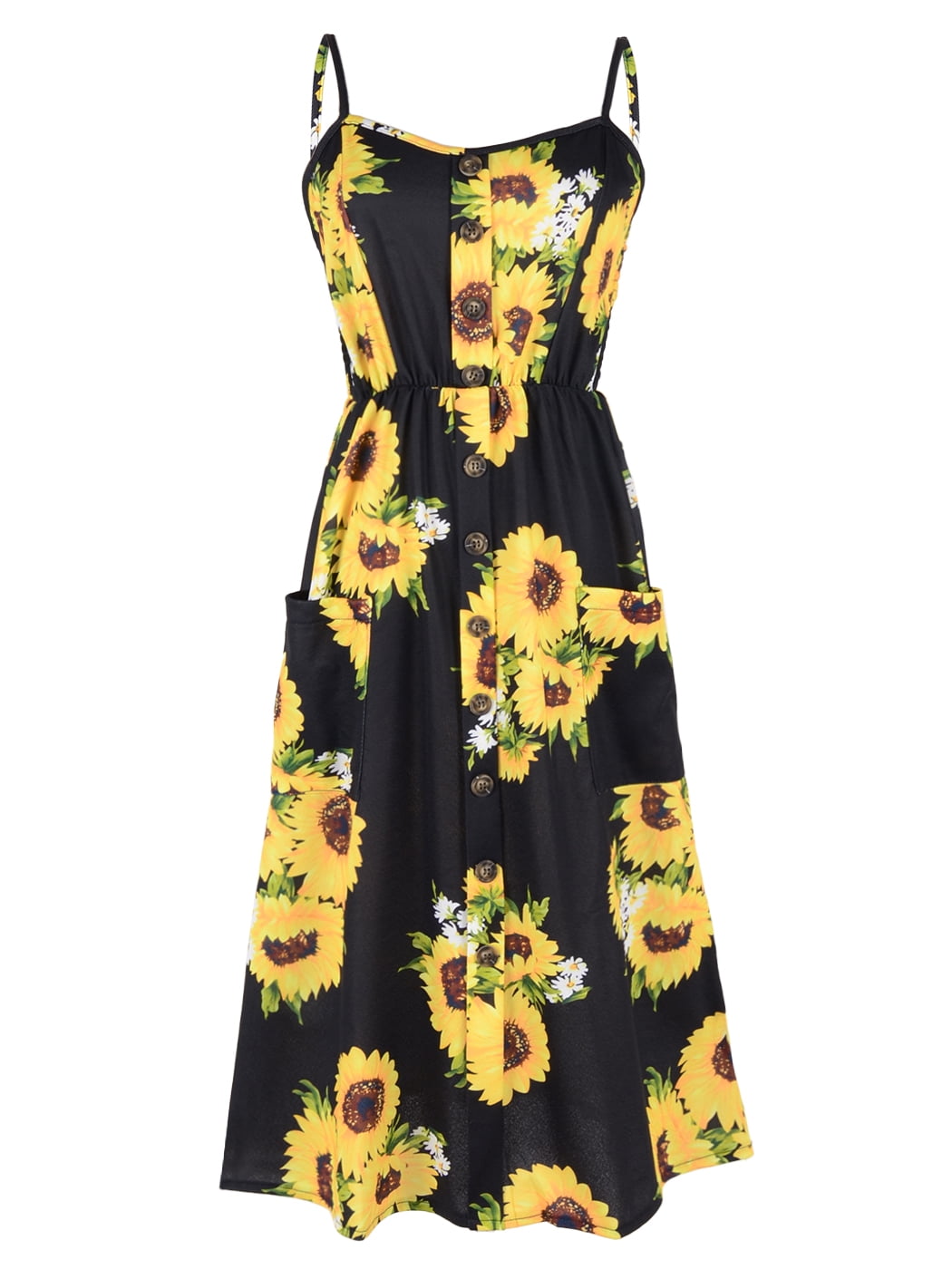 Feinuhan Womens Sunflower Print Dress Spaghetti Strap Floral