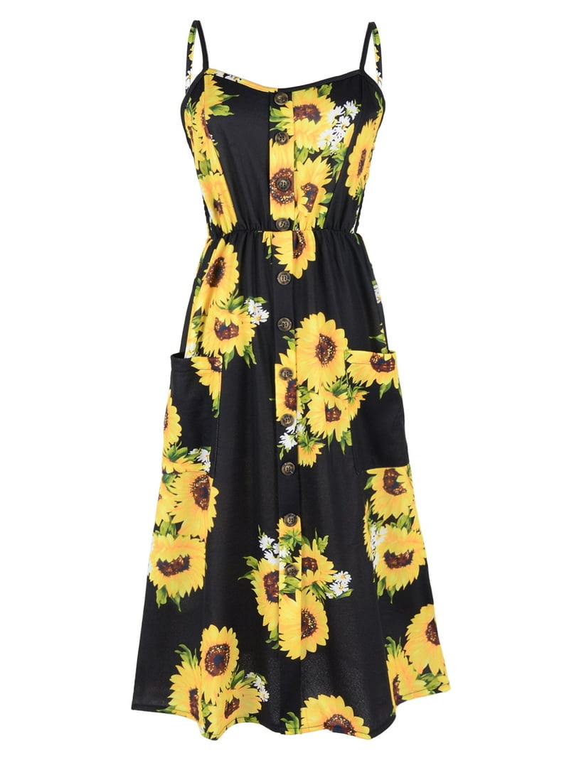 Feinuhan Womens Sunflower Print Dress Spaghetti Strap Floral