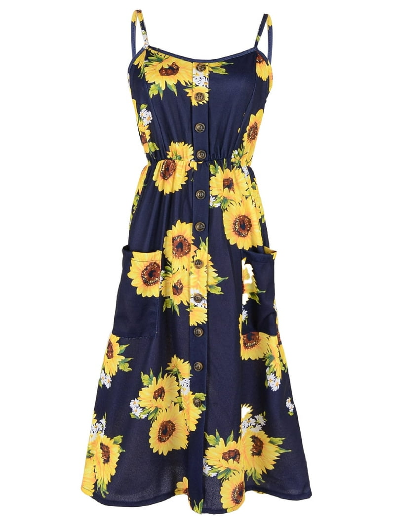 Feinuhan Womens Sunflower Print Dress Spaghetti Strap Floral