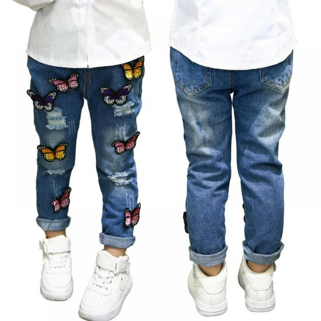 Feiona Baby Girl Ripped Jeans Denim Pants Butterfly Embroidery Elastic