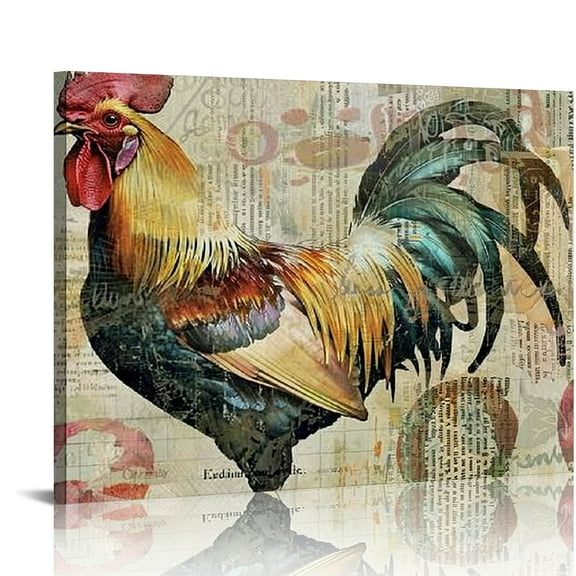 Feiri Canvas Print Wall Art for Bathroom Kitchen Wall Decor A Rooster on Vintage Background Picture Painting Contemporary Artwork Stretched and Framed for Bedroom  20x16in