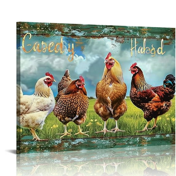 Feiri Farmhouse Chicken Wall Art Country Roosters Hen Pictures Rustic Chicken Decor Canvas Painting Chicken Decorations Framed Artwork for Kitchen Bedroom Bathroom Living Room 20x16in
