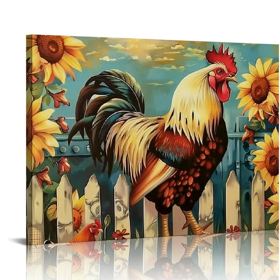 Feiri  Farmhouse Chicken Wall Art Rooster Sunflowers Pictures Kitchen Decor Motivational Quotes Canvas Painting Rustic Country Flowers Poster Framed Artwork for Kitchen Living Room 20x16in