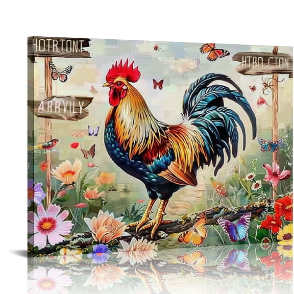 Feiri Farmhouse Rooster Canvas Wall Art Country Farm Chicken Butterfly Floral Pictures Wall Decor Positive Quotes Painting Prints Framed Artwork Decor for Kitchen Bathroom Bedroom  16x12in