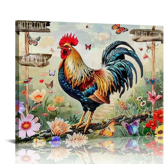 Feiri Farmhouse Rooster Canvas Wall Art Country Farm Chicken Butterfly Floral Pictures Wall Decor Positive Quotes Painting Prints Framed Artwork Decor for Kitchen Bathroom Bedroom 16x12in