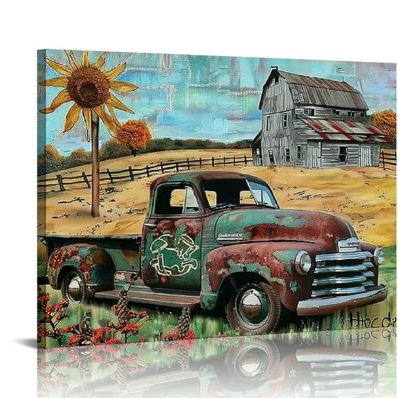 Feiri Farmhouse Teal Truck Wall Art Country Windmill Old Barn Pictures Wall Decor Canvas Prints Framed Modern Farm Painting Artwork for Bathroom Living Room Dining Room Bedroom Kitchen Office 20x16in