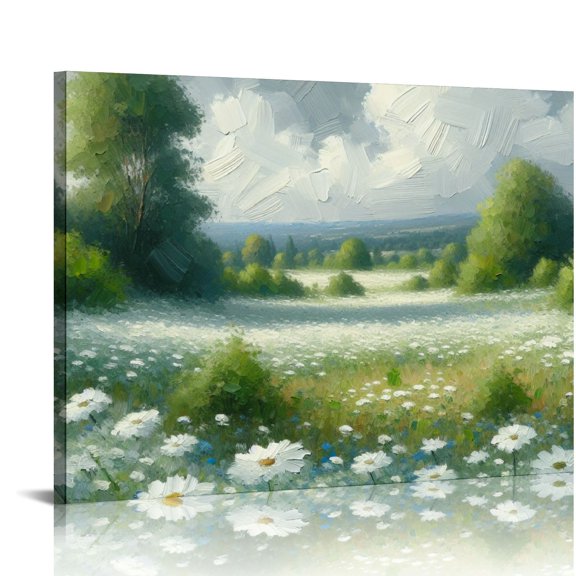 Feiri Framed Canvas Print Wall Art Pastoral Landscape Tranquil Field of White Flowers Nature Wilderness Illustrations Rustic Zen Colorful for Living Room, Bedroom, Office 16x12in