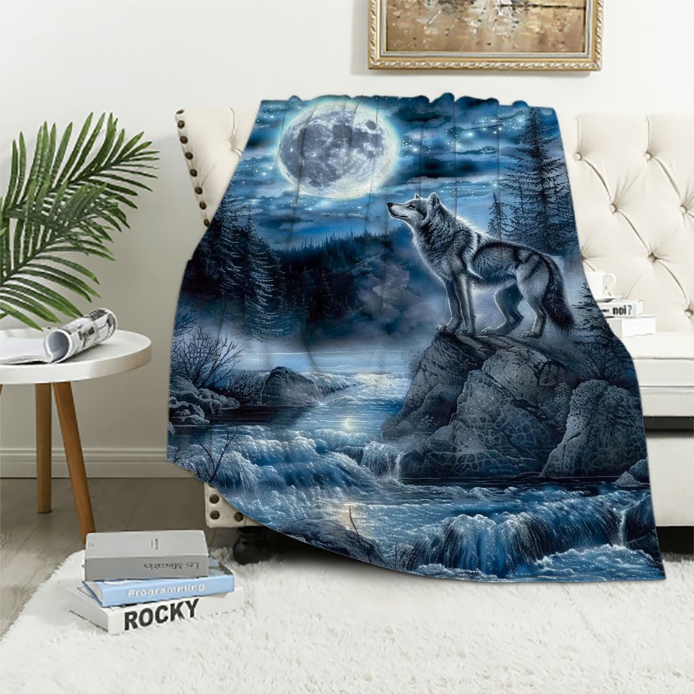 Feiri Heavy Howling Wolf PatternPlush Thick 8 Pound Mink Soft Blanket