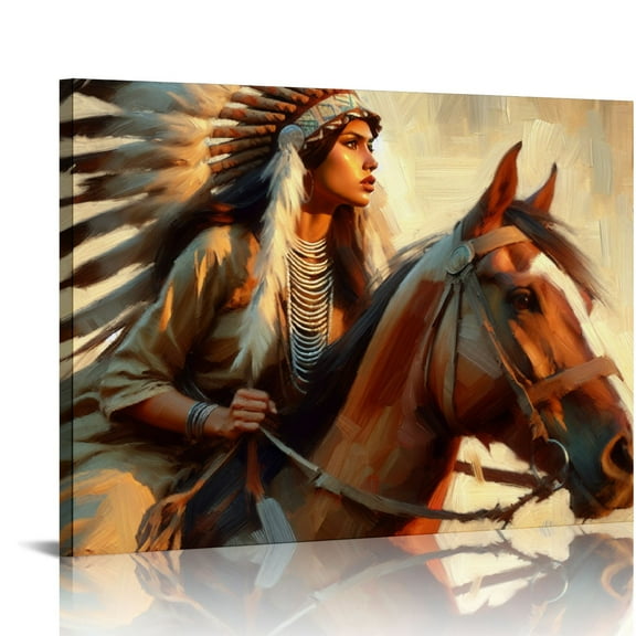 Feiri Native American Headdress Girl with Horse Poster Picture HD Wall Art Canvas Printing Bedroom Living Room Office Decoration Aesthetic Artwork  20x16in