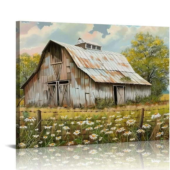 Feiri  Old Barn Canvas Wall Art Farmhouse Picture Print Country Flower Landscape Painting for Living Room Decor Frame 16x12in