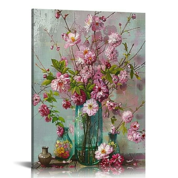 Feiri Pink Flower Canvas Wall Art Florals Abstract Picture Teal Turquoise Watercolor Peach Bloosom Painting Artwork Framed for Bathroom Nursery Living Room Bedroom Kitchen Home Office Decor  16x20 in