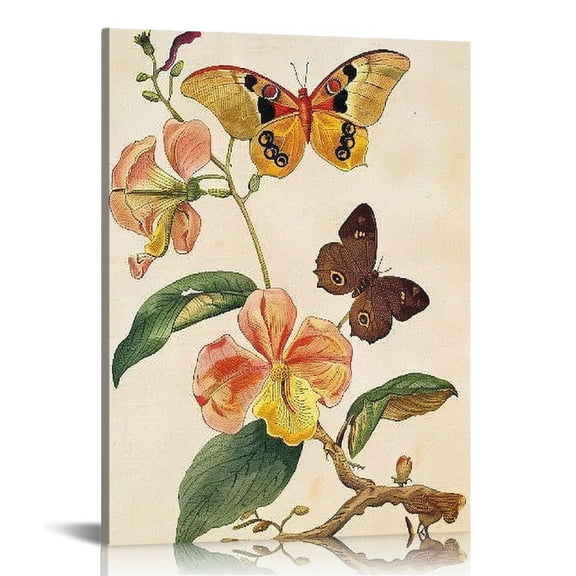Feiri Retro Botanical Butterfly Wall Art Prints, Vintage Butterfly Canvas Wall Art, Butterfly Floral Nature Aesthetic Posters for College Dorm Room Preppy Room Bedroom Decor,  16x20 in