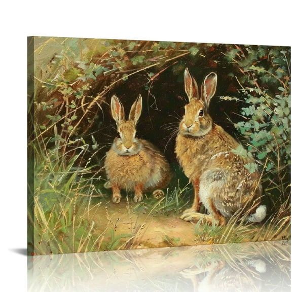 Feiri  Vintage Two Bunnies Wall decor Wood Framed Oil Poster Grass canvas Wall Art Rabbits landscape Canvas Wall painting Nature cave Framed Easter Decor for Bedroom living room Nursery 20x16in