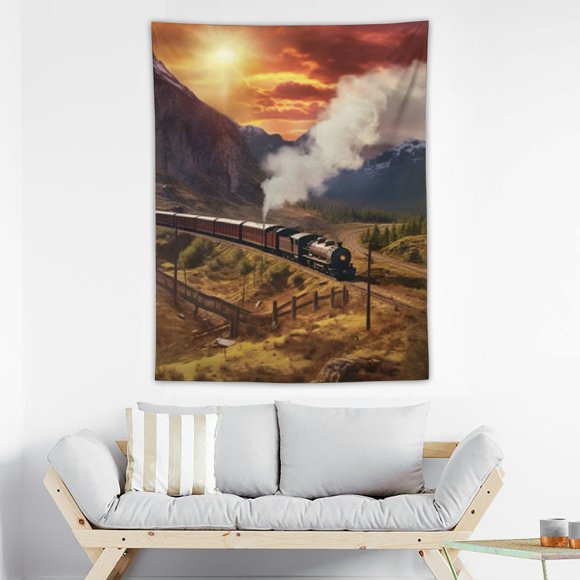 Feiri Wizard Tapestry, Wizard Express Famous Train Landscape Glenfinnan Railway Viaduct Scotland Sunset, Wall Hanging for Bedroom Living Room Dorm Decor, Brown Green 30x40in