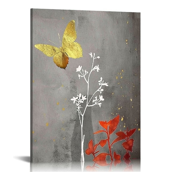 Feiri  Yellow and Gray Wall Decor Botanical Plant Picture Vintage Flower Decorative Painting Butterfly Canvas Prints for Bedroom 16x20 in