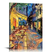 Feiri painted texture on canvas painting Van Gogh Famous Classic Wall Art Café Terrace at Night Starry Night Blue Sky Made Ornate Framed UNIQUE INNOVATION  12x16 in