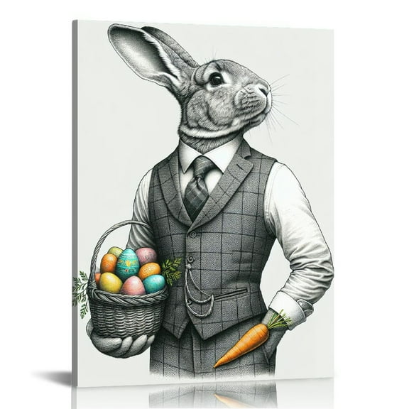 Feiri  rabbit holding basket Canvas Wall Art Easter Printed Wall Decor Rabbit Portrait Animal Picture Poster Aesthetic Painting Wild Decor For Livingroom 12x16 in