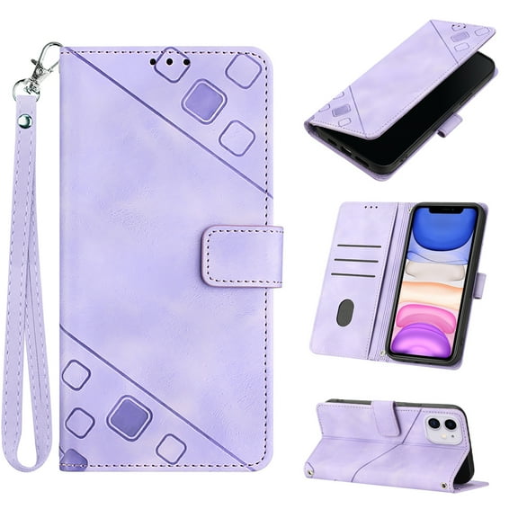 Feishell for Apple iPhone 11 6.1 inch Wallet Case with Wrist Strap,Flip Cover with Embossed Pattern PU Leather Kickstand Credit Card Slots Magnetic Clasp Folio Purse Phone Case,Purple