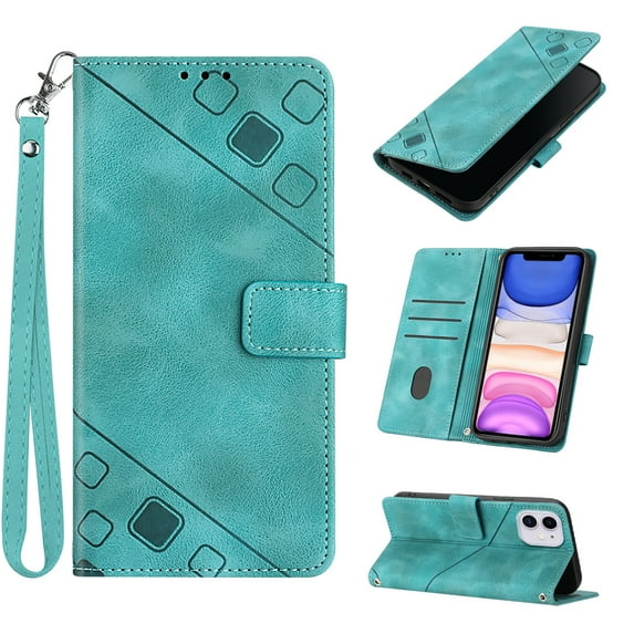 Feishell for Apple iPhone 11 6.1 inch Wallet Case with Wrist Strap,Flip Cover with Embossed Pattern PU Leather Kickstand Credit Card Slots Magnetic Clasp Folio Purse Phone Case,Green
