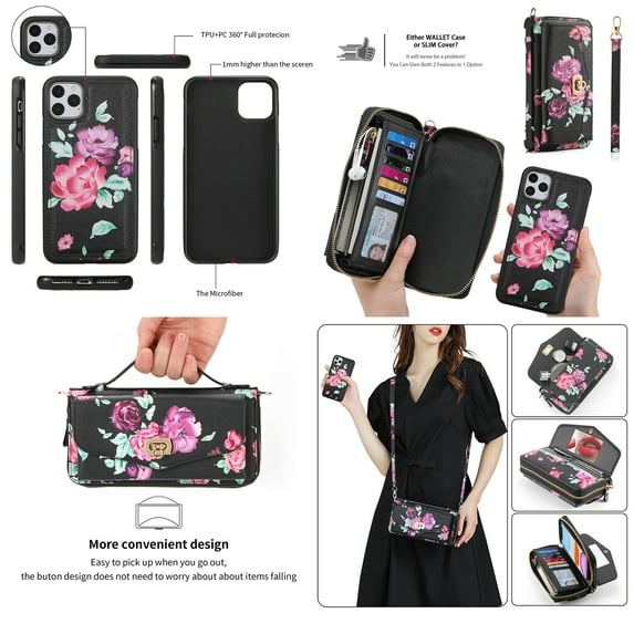 Feishell for Apple iPhone 11 Crossbody Wallet Detachable Case,for Women Girls,Flower Pattern PU Leather RFID Blocking Multi Card Slots Zipper Phone Case with Shoulder & Hand Strap,Black