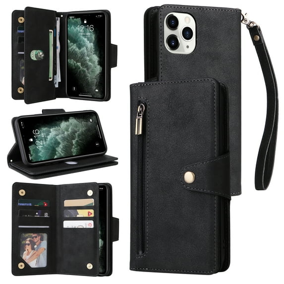 Feishell for Apple iPhone 11 Pro Wallet Case with Wrist Strap,Premium PU Leather Zipper Pocket Magnetic Buckle Folio Flip ID Credit Card Slots Shockproof Kickstand Phone Case for Women Men,Black