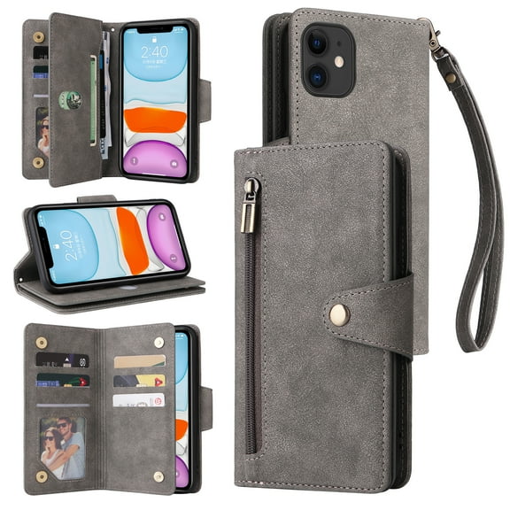 Feishell for Apple iPhone 11 Wallet Case with Wrist Strap,Premium PU Leather Zipper Pocket Magnetic Buckle Folio Flip ID Credit Card Slots Shockproof Kickstand Phone Case for Women Men,Gray