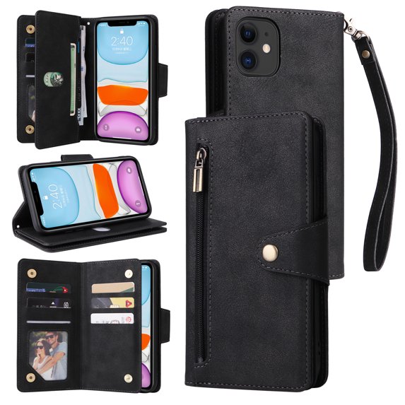 Feishell for Apple iPhone 11 Wallet Case with Wrist Strap,Premium PU Leather Zipper Pocket Magnetic Buckle Folio Flip ID Credit Card Slots Shockproof Kickstand Phone Case for Women Men,Black