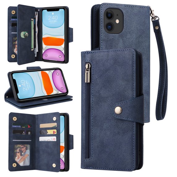 Feishell for Apple iPhone 11 Wallet Case with Wrist Strap,Premium PU Leather Zipper Pocket Magnetic Buckle Folio Flip ID Credit Card Slots Shockproof Kickstand Phone Case for Women Men,Blue