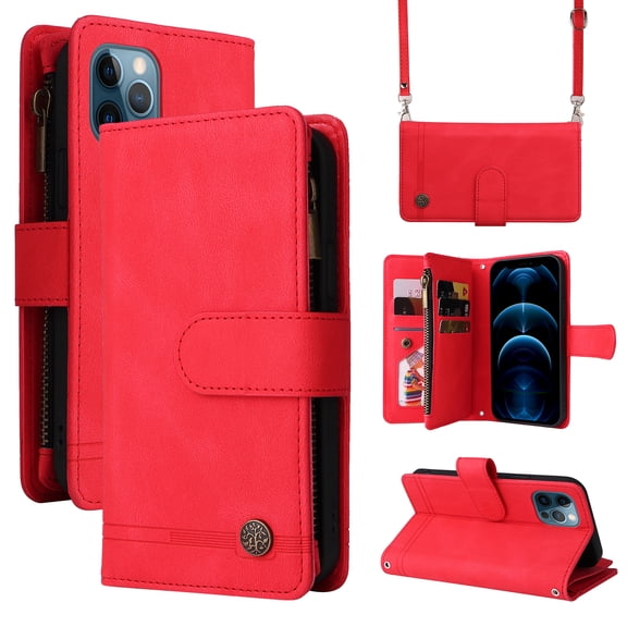 Feishell for Apple iPhone 12 / 12 Pro 6.1 inch Zipper Wallet Case with Wrist Strap & Shoulder Strap,Premium PU Leather Magnetic Clasp Flip Holder Card Slots Crossbody Phone Case for Women Men,Red