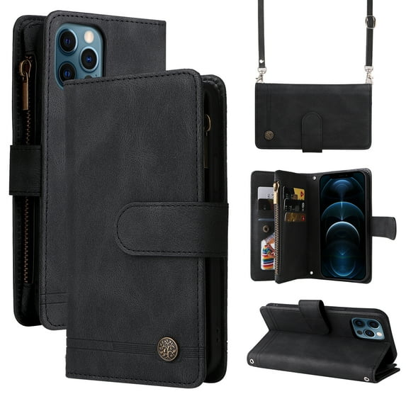 Feishell for Apple iPhone 12 Pro Max 6.7 inch Zipper Wallet Case with Wrist Strap & Shoulder Strap,Premium PU Leather Magnetic Clasp Flip Holder Card Slots Crossbody Phone Case for Women Men,Black